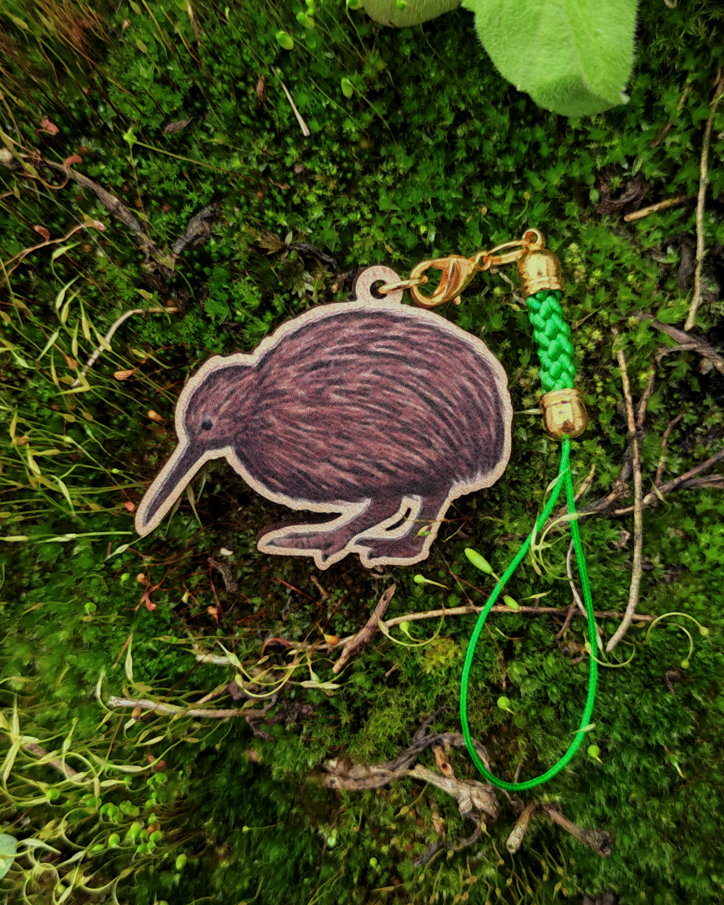 Wooden charm of a Kiwi on moss background.