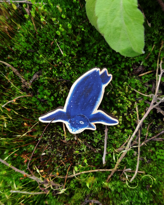 Wooden pin of a Korora on mossy background.