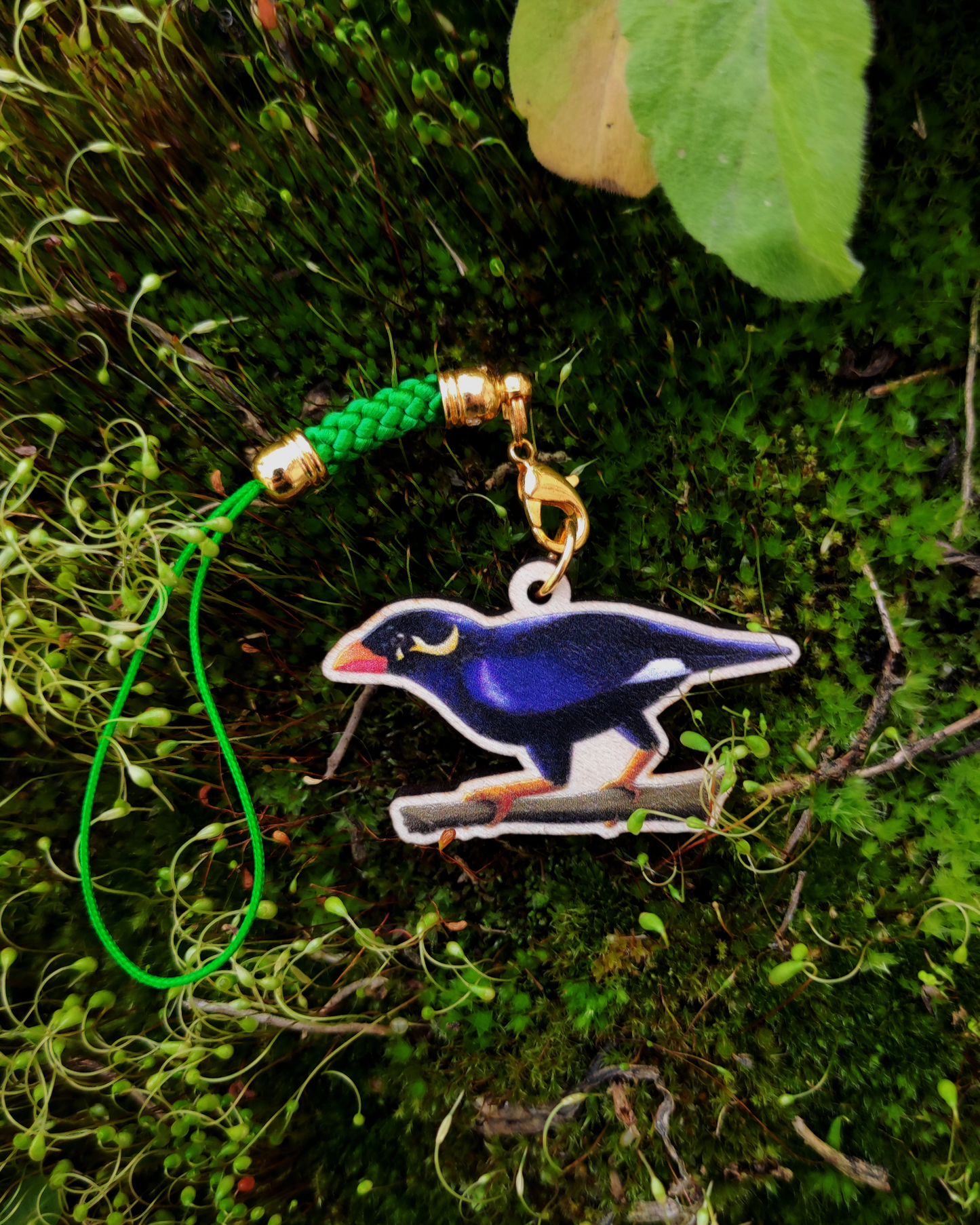 Wooden charm of a Common Hill Myna on mossy background.