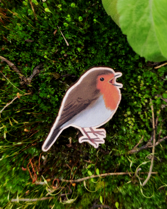 Wooden pin of a European Robin on mossy background.