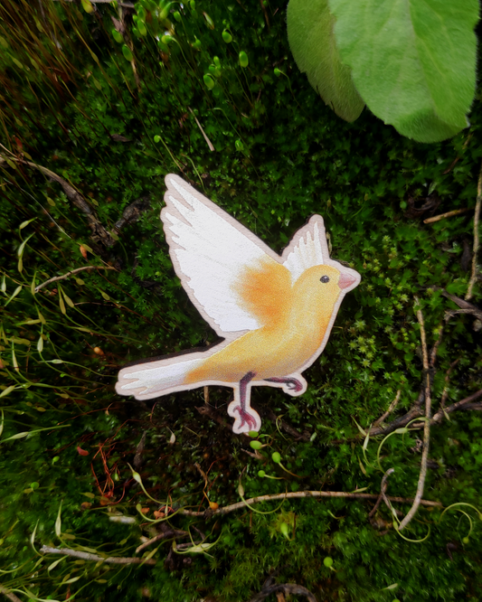 Wooden pin of a Canary on mossy background.