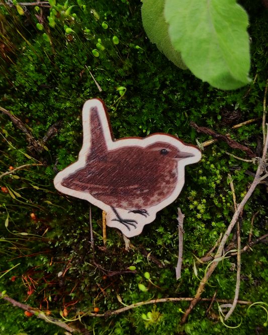 Wooden pin of a wren on mossy background