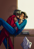 Illustration of Phoenix Wright and Miles Edgeworth embracing each other and kissing. They're halfway on a table and some papers are flying off the side of it. The background is a simple brown with a white light source suggesting a window.