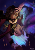 Clear view of the Arcane painting, Viktor touching Jayce similarly to the show's moment. Jayce is confused and alarmed while Viktor has a concentrated and calm face. The background is dark, reminding of a galaxy.