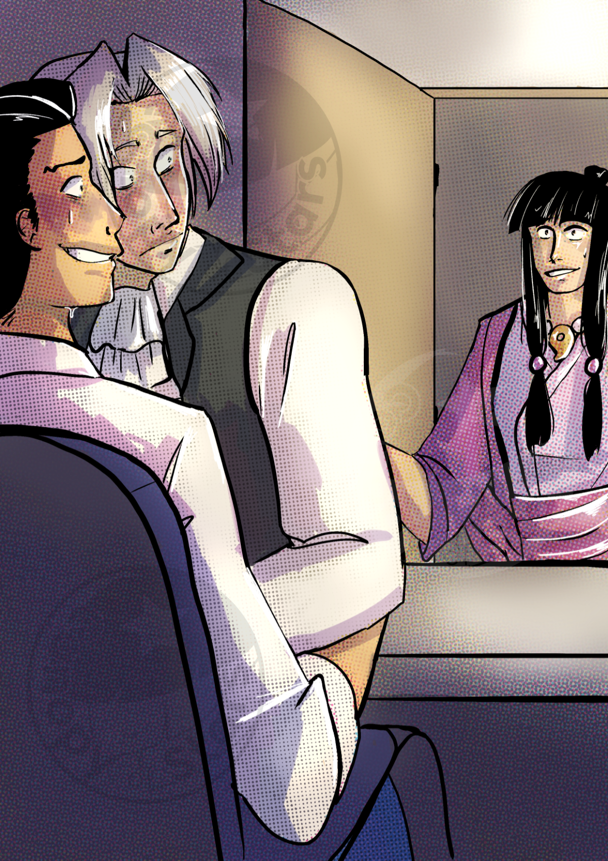 Illustration of Maya Fey walking in on Miles Edgeworth and Phoenix Wright sharing a private moment.