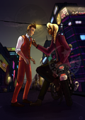Illustration of Klavier Gavin handing a guitar pick to Apollo Justice at a nighttime scenery. 