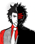 Portrait of Diego Armando from Ace Attorney. The harsh shadow is over half his face, and in these shadows is his lightup gear that he gets later on in the series as Godot.