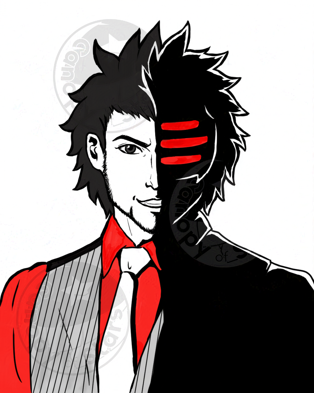 Portrait of Diego Armando from Ace Attorney. The harsh shadow is over half his face, and in these shadows is his lightup gear that he gets later on in the series as Godot.