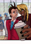 Illustration of Klavier Gavin reaching over Apollo Justice to grab his to-go coffee. 
