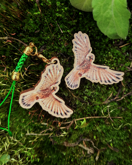 Wooden pin and charm of a eurasian kestral on moss background.