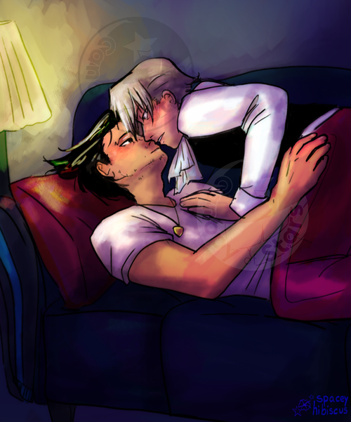 Illustration of Miles Edgeworth hovering over Phoenix Wright on a couch.