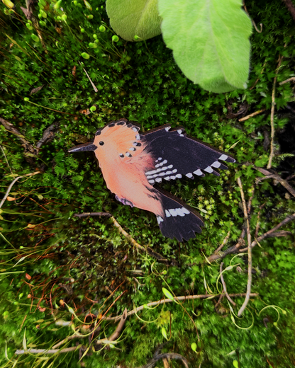 Wooden pin of a hoopoe on moss background.
