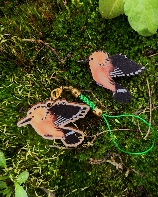 Wooden pin and charm of a hoopoe on moss background.