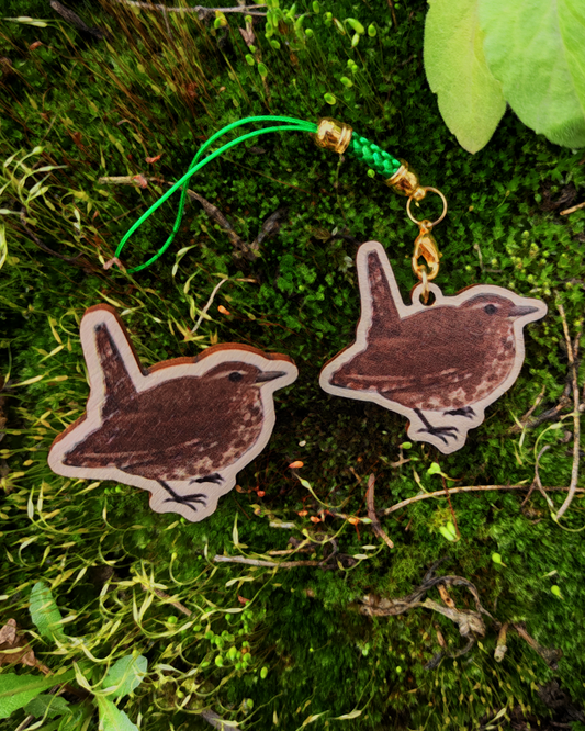 Wooden pin and charm of a Wren on mossy background.