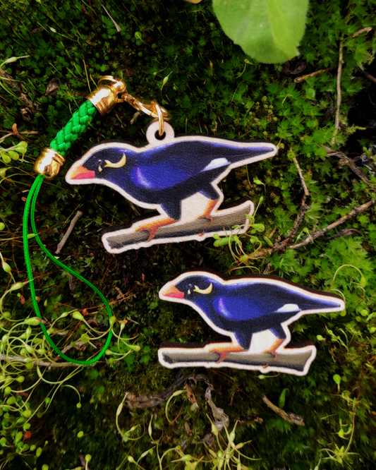 Wooden pin and charm of a Common Hill Myna on mossy background.