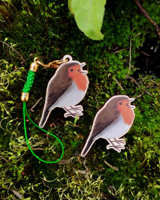 Wooden pin and charm of a European Robin on mossy background.