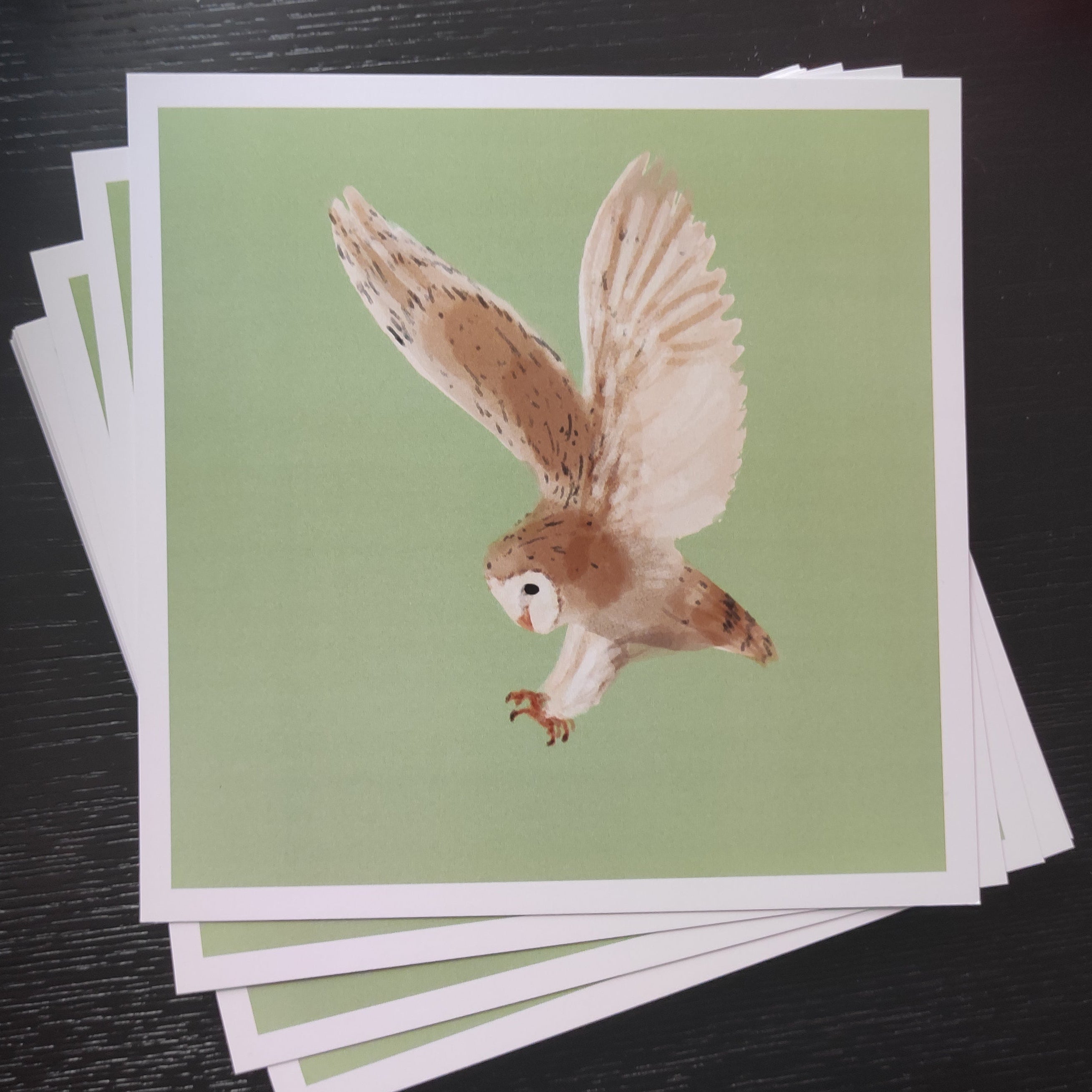 Stack of greeting cards with a barn owl illustration on a dark surface