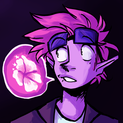 Spaceyhibiscus' social media icon. A character is looking to the side and has a speech bubble with an icon of a hibiscus-flower with stars in it. The character has pink hair, purple skin and dark purple goggles.